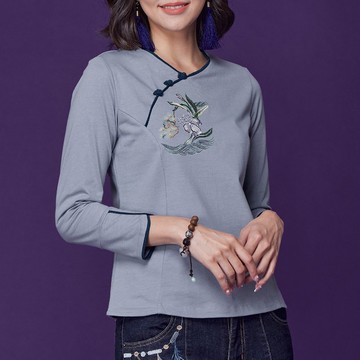 古典美 刺繡斜襟顯瘦T桖【58003】