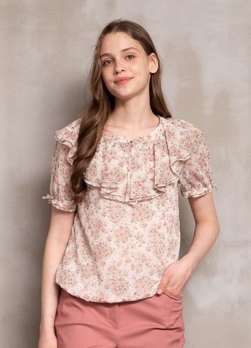 甜柔浪漫荷葉領飾印花雪紡上衣