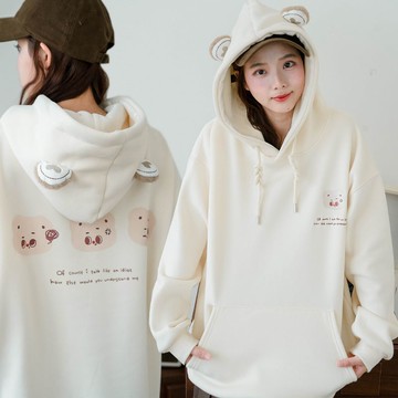 ★連帽抽繩可愛毛茸小熊刺繡厚棉加絨口袋上衣(共2色)1118 預購【NR2429】