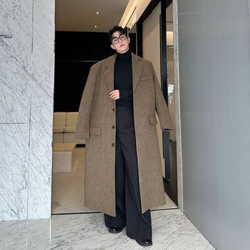 韓國東大門走秀款巴家ins重磅廓形開叉格紋毛呢大衣外套時尚洋氣