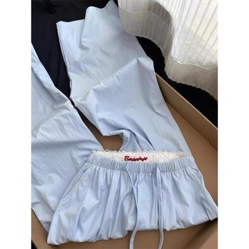 原單撤柜專柜外貿清倉~藍色高腰休閑褲女夏季寬松花邊拼接闊腿褲