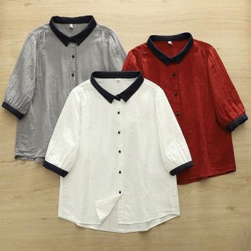 設計所在 知性小文藝 拼色休閒小清新雙層棉紗中袖襯衫三色可選