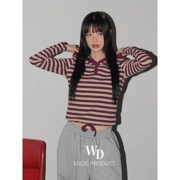 Codibook｜韓國 wonderwonder 拼色條紋綁帶長款長袖帽T［預購］長袖上衣 連帽上衣 女裝