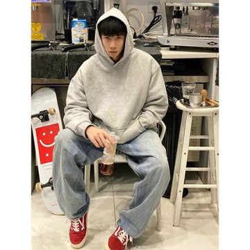 連帽衛衣男衣服秋冬重磅美式復古帶帽上衣灰色oversize男生外套潮