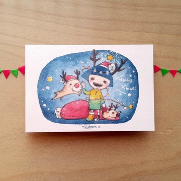 聖誕節快樂 水彩插畫明信片