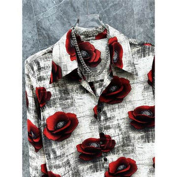 型男潮男/小眾港風設計高級感玫瑰印花襯衫痞帥夏季冰絲垂感襯衣