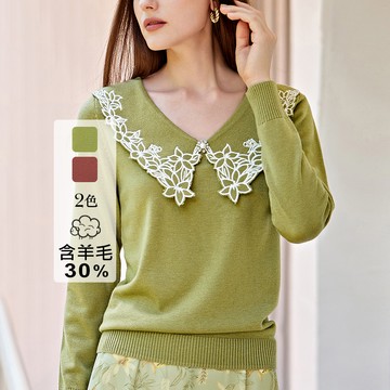 ILEY伊蕾 花邊刺繡大領片混羊毛針織上衣(兩色；M-XL)1234455014