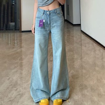 La Belleza美式復古淺藍色闊腿牛仔褲高腰寬鬆直筒水洗刷色牛仔褲