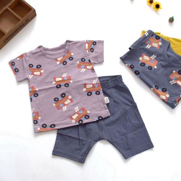 衣拉拉嬰童夏季短袖運動套裝 男童寶寶薄萊卡棉汽車半袖短褲2件套
