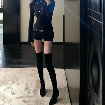 過膝高跟長靴子女2025秋冬新款絨面尖頭套筒瘦瘦靴高筒細跟長筒靴