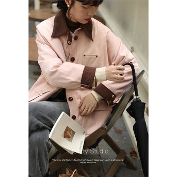 無拘2024年秋冬新品休閑百搭寬松中長款上衣翻領撞色工裝棉外套女