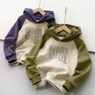 170兒童字母連帽衛衣 男童女童拼色大口袋寬松上衣 中大童春秋款
