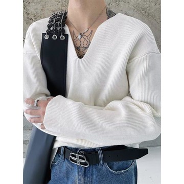 復古休閒慵懶風V領針織衫男時尚素色百搭保暖上衣男