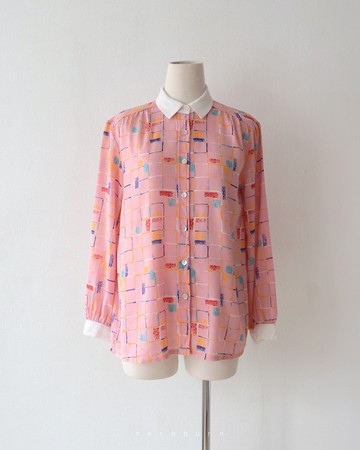 日本製復古印花長袖粉紅色古著襯衫