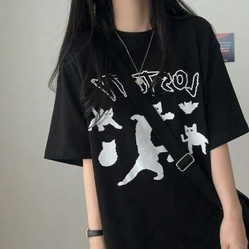 Vuja de 純棉 t恤 短袖上衣女 貓咪印花 T恤 韓國上衣 oversize T恤 寬鬆上衣 ins風 潮流衣服