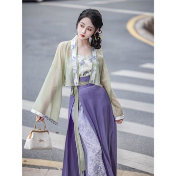 擬夢青提茉莉 原創國風天絲提花日常通勤宋制漢服旋裙綠紫春夏女