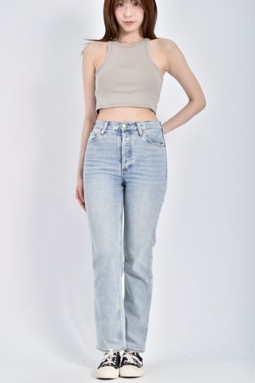 加購優惠(S) demin forum高腰質感丹寧牛仔棉質素面藍色長褲