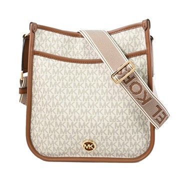 MICHAEL KORS LUISA 經典金屬LOGO印花皮革寬背帶斜背包.白/咖邊