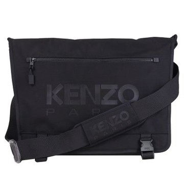 KENZO 經典LOGO尼龍帆布翻蓋式大款郵差包/斜背包(黑)