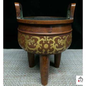 老件紫銅鎏金行素濟款高19*14公分重2.9公斤龍鳳戲珠鼎香爐擺件