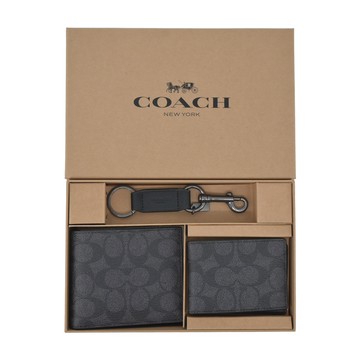 COACH 滿版 LOGO PVC男款8卡短夾禮盒(附證件夾/炭黑)