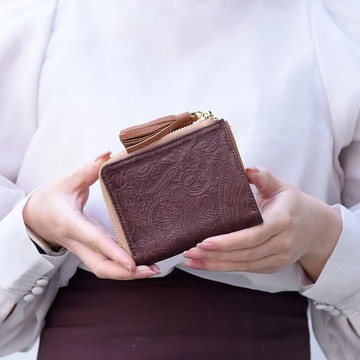 【日本手工製】短皮夾 佩斯利花紋 多夾層 巧克力色