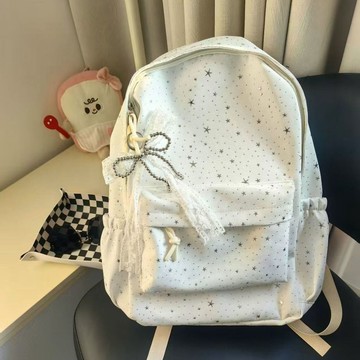 星星圖案尼龍大容量後背包 女學生書包 高中大學生上課通勤包 可愛清新百搭背包 開學旅行輕便收納前口袋側邊袋後背包