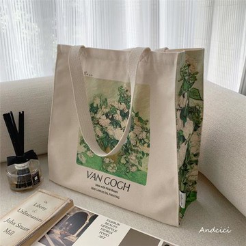 博物館~梵高白玫瑰~油畫拉鏈帆布包購物袋男女單肩大容量學生書包