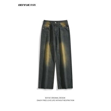 BOYUE帛躍水洗做舊牛仔褲國潮扎染垂感青年流行文藝潮男拖地長褲