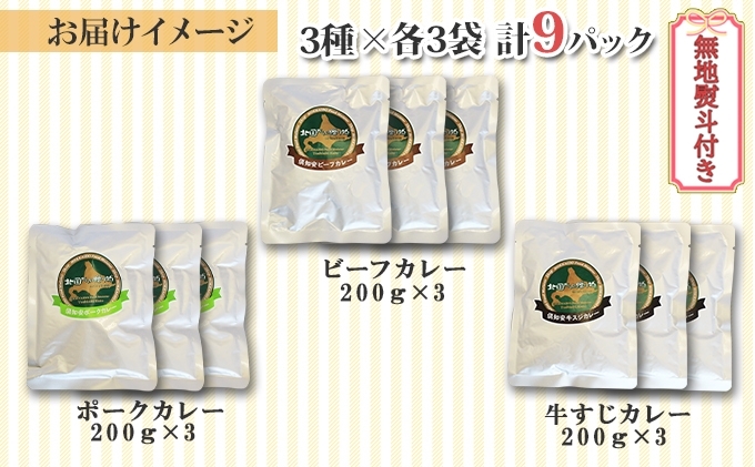 先行受付熨斗対応 北海道 倶知安 カレー 3種 食べ比べ セット 計9個 中辛 スープカレー ビーフ ポーク 牛すじ カレー 詰め合わせ じゃがいも 牛 牛肉 豚肉 肉 業務用