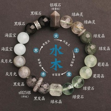 五行喜缺水木手鏈s925銀祥云天然石海藍寶黑曜石能量柱手串男女款