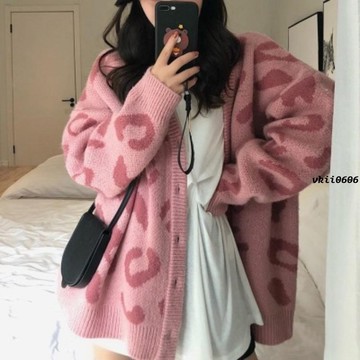 S-3XL 大尺碼毛衣 針織毛衣外套 豹紋開衫毛衣女中長款 毛衣外套女 新款ins超火網紅慵懶風v領針織外套學生 vk