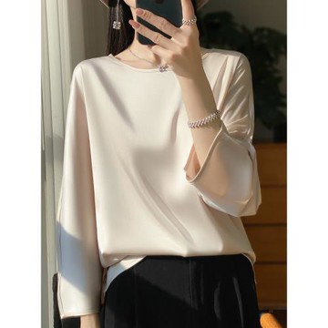 2024新款純色醋酸七分袖t恤女夏季寬松圓領上衣真絲緞面針織打底