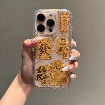 透明金箔滴膠財神爺適用蘋果16promax手機殼新款15pro max全包防摔14氣質小眾13高級iphone17pro網紅男保護套