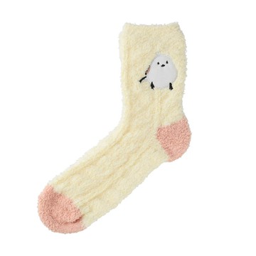 日本 friendshill - 可愛刺繡柔軟針織保暖室內襪-長尾山雀-淺黃 (22-25cm)