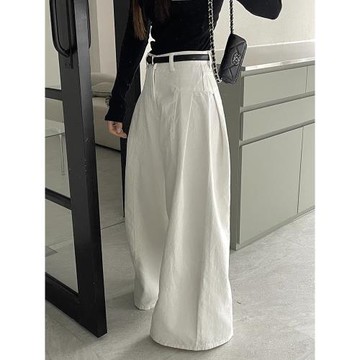 韓國chic春季小眾氣質側邊壓褶設計高腰百搭寬松休閑闊腿牛仔褲女