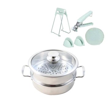 鵝頭牌不鏽鋼雙耳蒸鍋26cm+廚房防燙4件組(CI-2642A-1+CI-023)