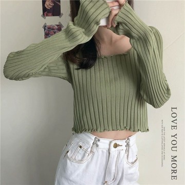 MUMU【T50063】現貨 木耳邊坑條薄長袖上衣 小隻女 薄長袖 大圓領 一字領 建議50KG以下購買 秋裝 女裝