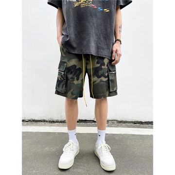 ONPT夏季高街迷彩短褲男寬松直筒工裝潮牌休閑長抽繩多口袋五分褲