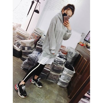 深.淺灰現貨秒出❤情侶/中性【JinG】oversize男友風*假兩件落肩內刷毛帽T 側開岔長版寬鬆大學T 連帽長袖上衣
