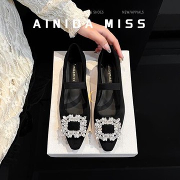 法式氣質水鉆單鞋女2024新款女士配裙子低跟瑪麗珍晚晚黑色鞋子春