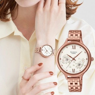CASIO 卡西歐 SHEEN 冬季花卉 優雅時尚石英女錶 雙12購物節 送禮首選 SHE-4551PG-7A