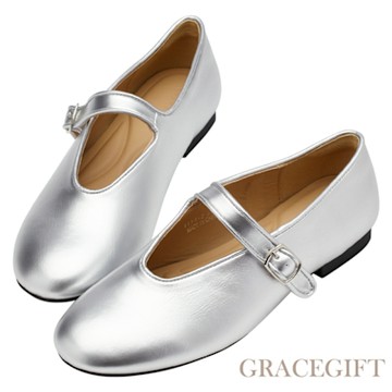 【Grace Gift】歐美百搭軟皮革平底瑪莉珍鞋 銀