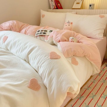 韓係簡約少女心毛巾繡水洗棉四件套床單 純色被套學生宿捨三件套 三件套床單件被套床笠 親膚裸睡水洗棉 雙人被套 單人被單