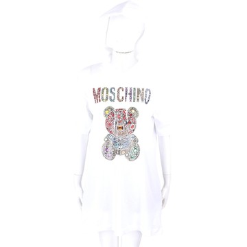 MOSCHINO COUTURE 彩色寶石泰迪熊印花白色純棉短袖洋裝 長版TEE