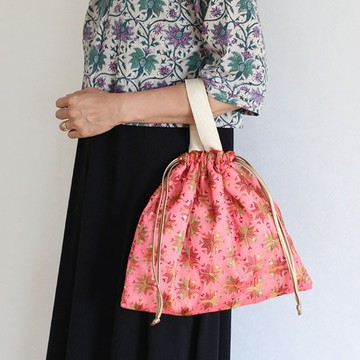 Phulkari 刺繡束口包【粉紅色】