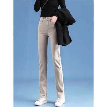 卡其色窄版牛仔褲女春秋2025新款高腰顯瘦寬松直筒煙管褲拖地長褲