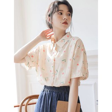 甜美日系小清新碎花短袖襯衫女夏季2025新款少女寬松別致襯衣上衣