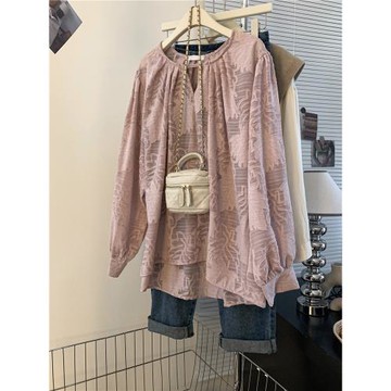 胖妹妹春夏季2025新款設計感小眾長袖雪紡蕾絲防曬襯衫女鏤空上衣