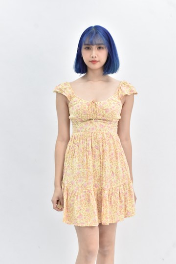 (S) 【里唯私服】billabong碎花質感後鬆緊黃色洋裝